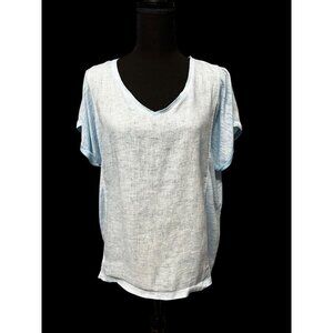 Chicos Light Blue 100% Linen V-Neck Short Sleeve Top, BEACH, TRAVEL, RESORT, M